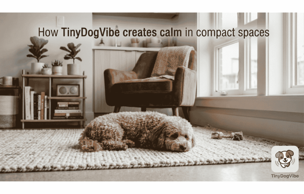 Can a Toy Poodle Secretly Survive in a Studio Flat? 3 A Toy Poodle lying relaxed on a textured woven rug in a cozy, minimalist studio flat with an armchair and natural window light