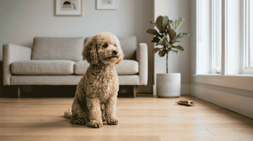 Can a Toy Poodle Secretly Survive in a Studio Flat? 2 A calm Toy Poodle sitting on a wooden floor in a cozy, minimalist studio apartment, representing comfortable small-space pet living.