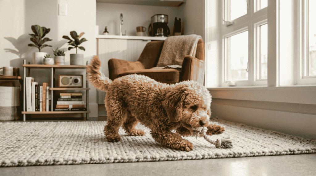 Can a Toy Poodle Secretly Survive in a Studio Flat? 5 A collection of interactive dog puzzle toys and a lick mat on a mat, demonstrating mental enrichment activities for dogs living in small studio flats