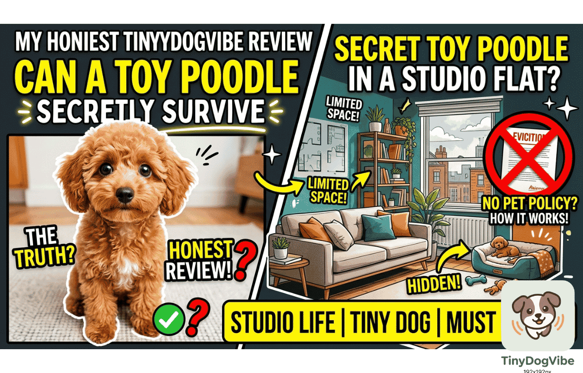 A Toy Poodle sitting in a studio apartment next to text asking if a dog can secretly survive in a small flat, promoting a TinyDogVibe honest review.