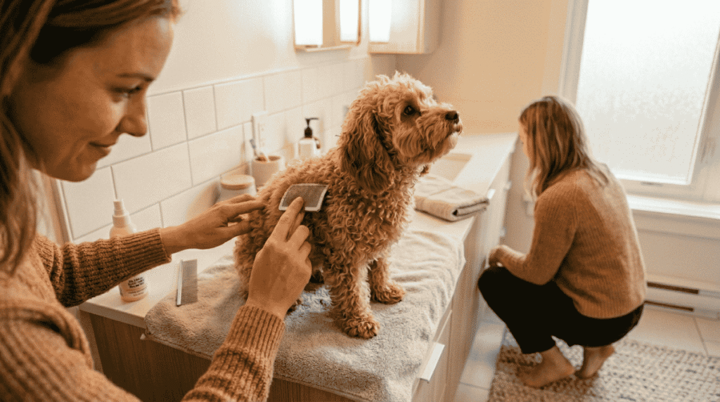 Can a Toy Poodle Secretly Survive in a Studio Flat? 4 A cozy, organized corner of a modern studio apartment featuring a Toy Poodle resting in a compact pet bed, highlighting space-saving solutions for pet owners.